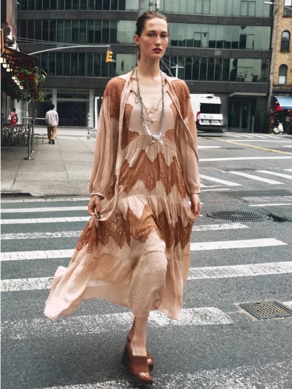 Zara Maxi Lace Dress Crinkle Long Rouched Sleeves High Tie Bow Collar V-Neck Med - Picture 3 of 16